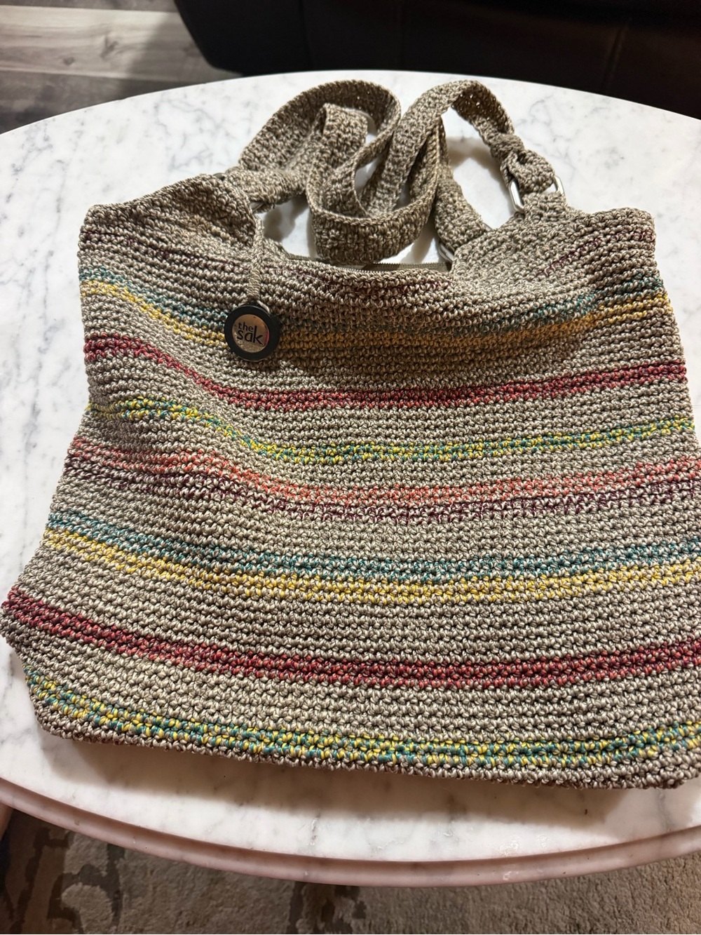 The Sak Beige Crochet Tote with Multicolor Stripes